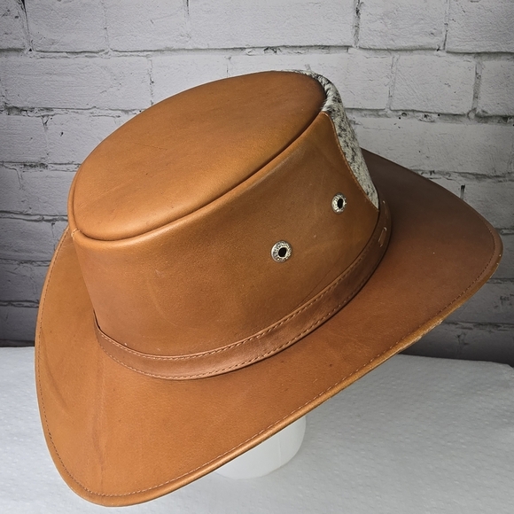 Tan Leather Cowboy Hat With Real Cowhide Hair Inset Euc - Picture 7 of 9